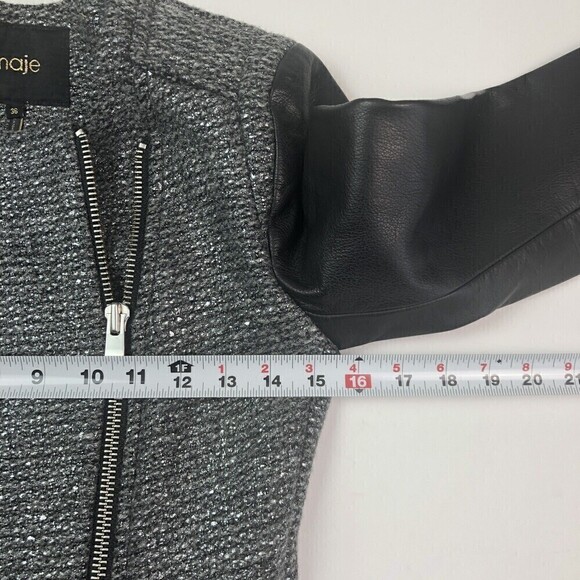 Maje Moto Jacket size 2 Leather Sleeve Silver Metallic Black Remeur Wool tweed - Picture 5 of 10